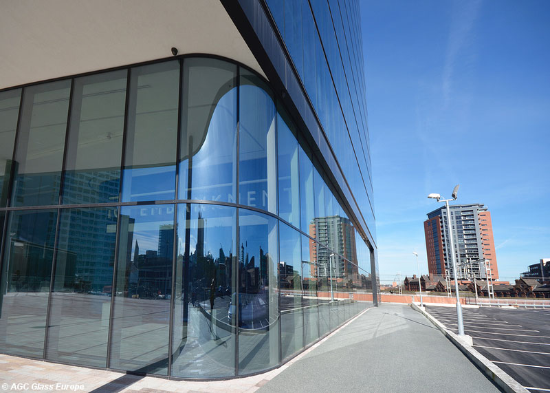 Glass edge with connected curved and flat façade units at Greengate in Manchester, United Kingdom